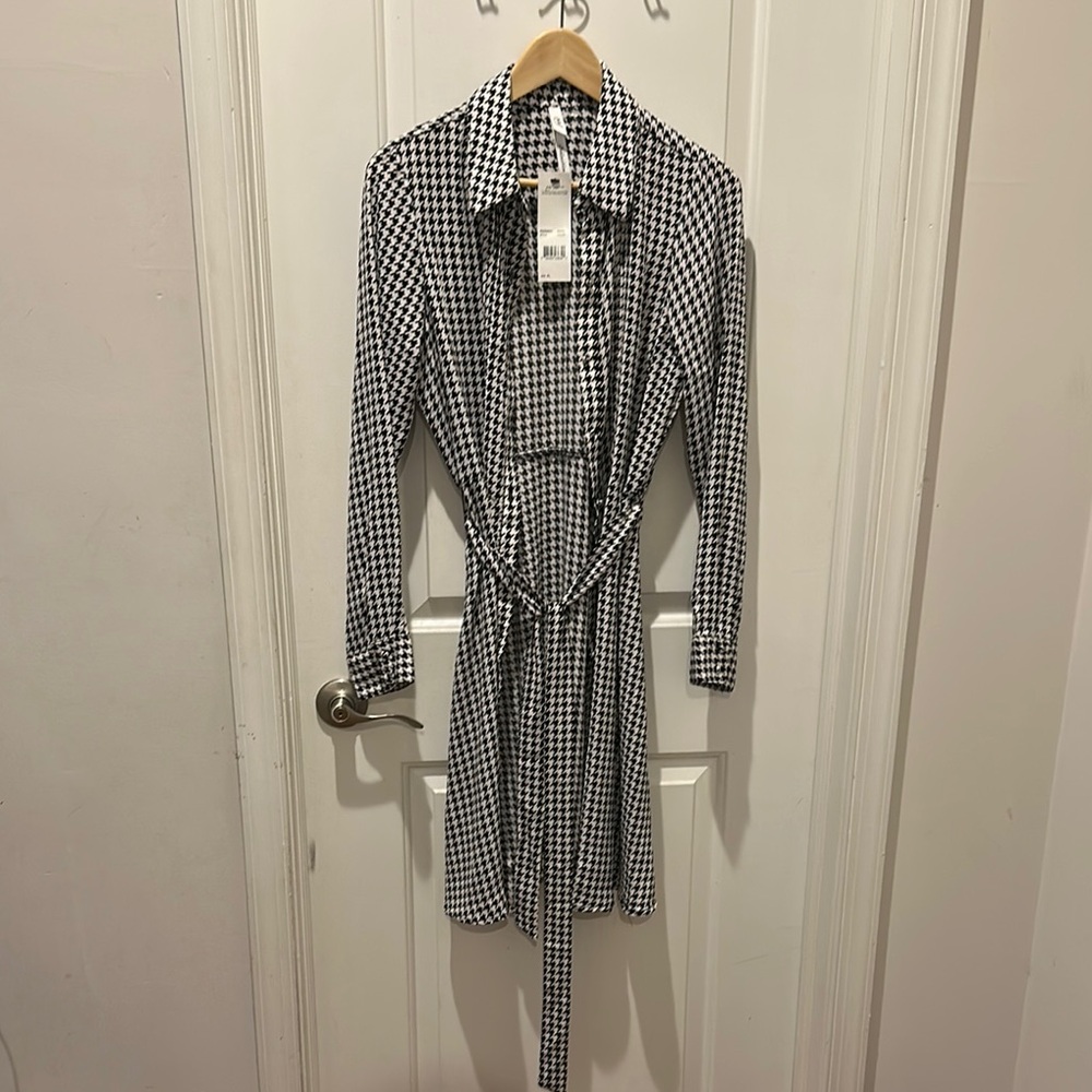 Black and White Houndstooth Trench Coat
